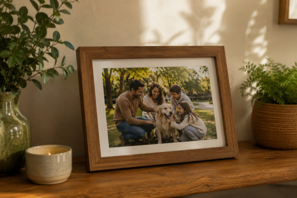 Fotografía impresa de una familia jugando con su perro en un parque dentro de un marco sobre una mesa de madera
