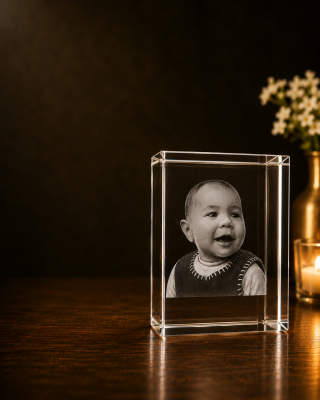 Cristal 3D personalizado con fotografía grabada mediante láser en el interior, presentado como regalo original y recuerdo personalizado en Valladolid.