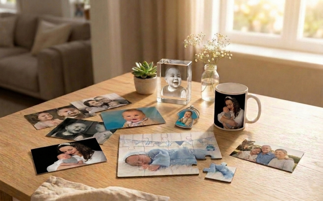 Regalos personalizados con fotos disponibles en Foto Estudio Javier, Valladolid, incluyendo tazas, llaveros, cristales grabados y puzzles fotográficos.
