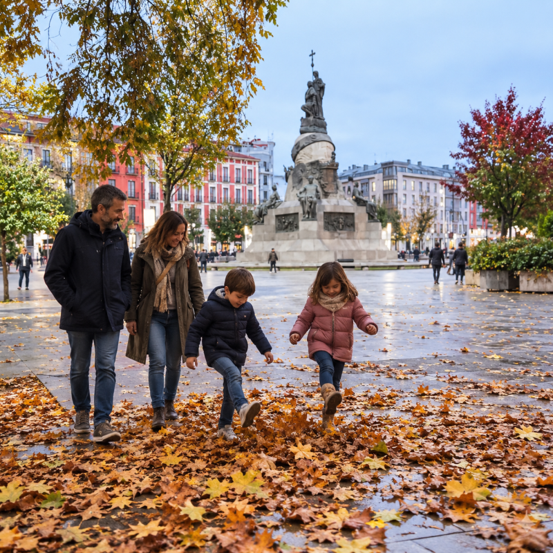 Familia paseando entre hojas de otoño en Valladolid