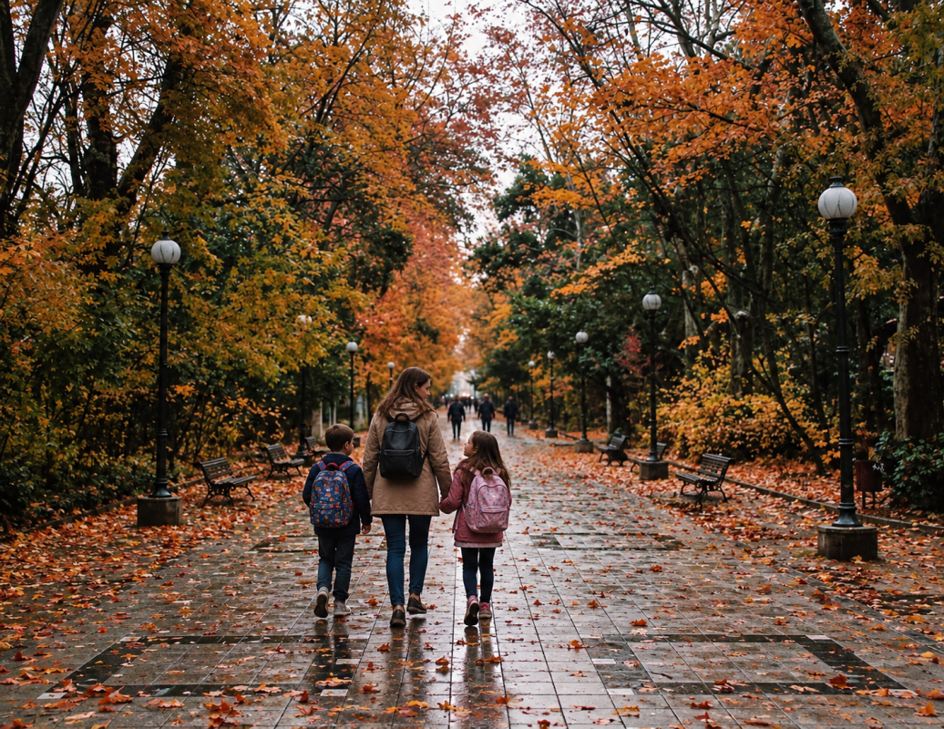Familia paseando entre los árboles en otoño por Valladolid