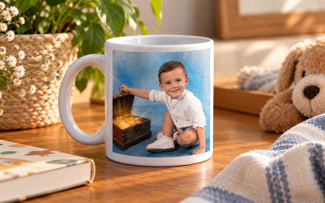 Taza personalizada con fotografía infantil, ideal para regalar un recuerdo familiar.