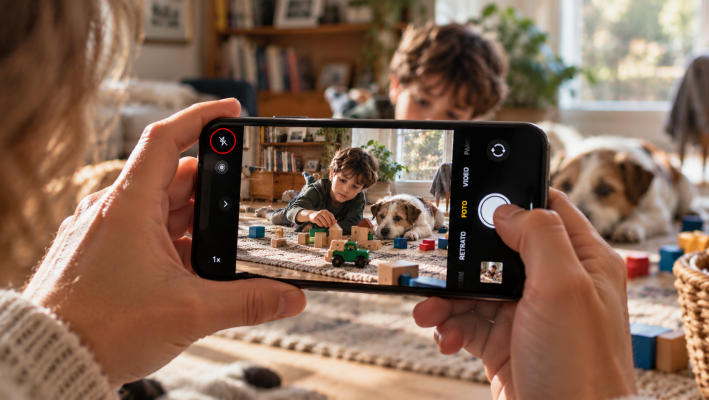 Móvil en modo cámara con el flash desactivado mientras se fotografía a un niño y un perro en casa