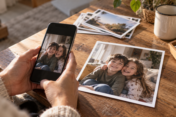 Fotografía familiar impresa junto al móvil con la imagen original.